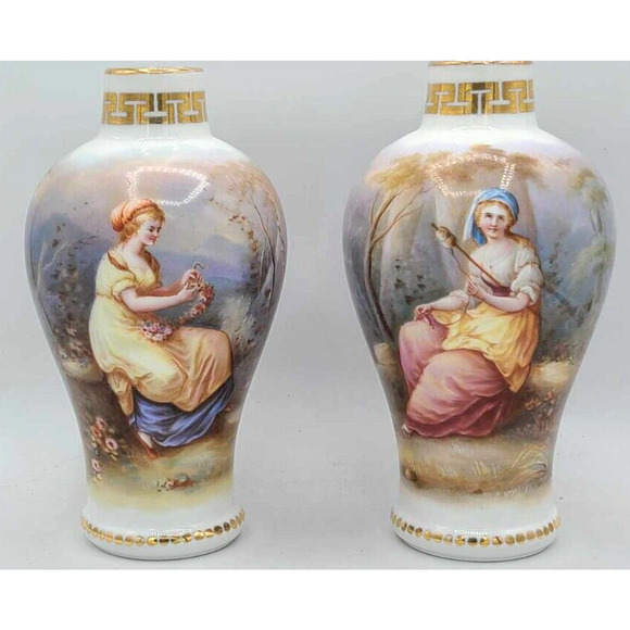 Antique Dresden Hand-Painted Pair of 7 1/4"H Vases. Work of Art. - Picture 1 of 16